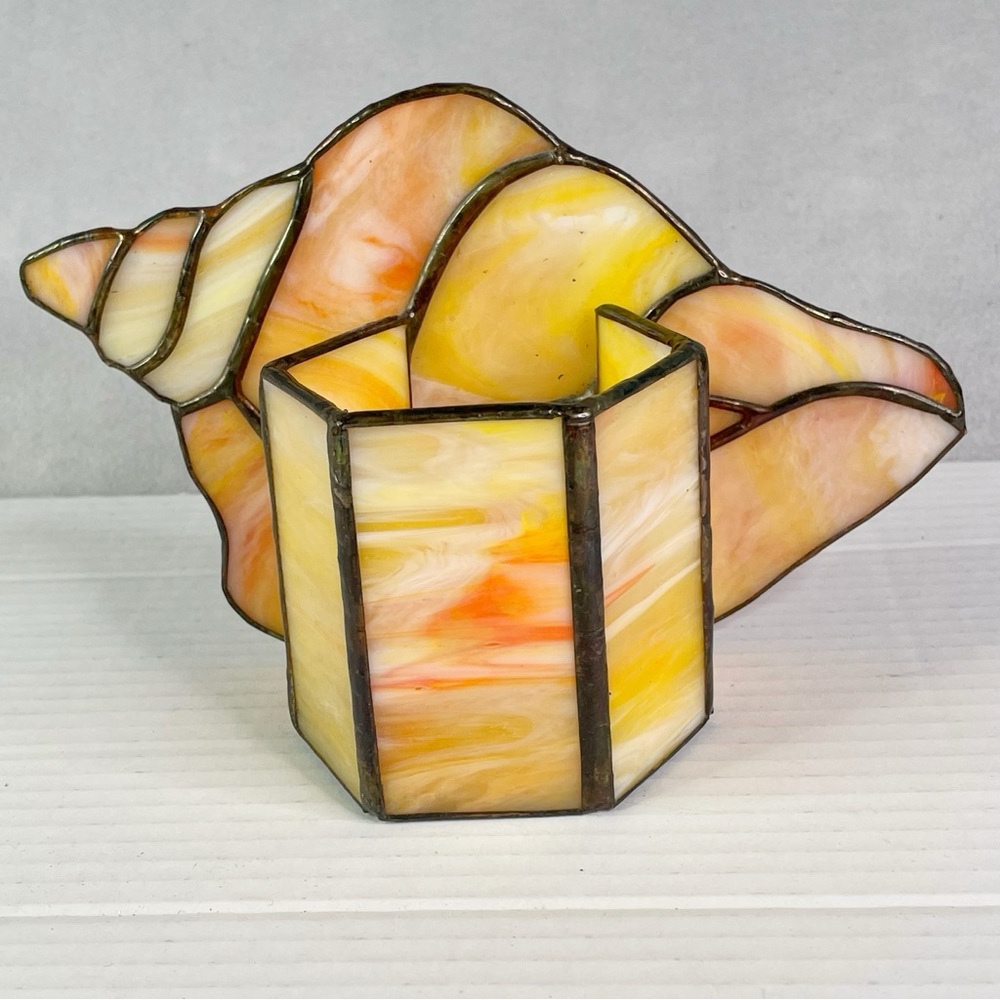 Vintage Stained Glass Candle Votive Holder Conch Seashell Tiffany Style Beachy - Picture 2 of 8
